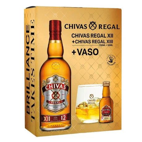Whisky Chivas Regal 12 750cc 40° + Whisky Chivas Extra 13 años 50cc 40° + Vaso Chivas Regal